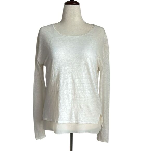 Vince Women’s Linen Silk Long Sleeve Tee Ivory – Layered Hem Size S - Picture 1 of 10